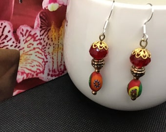 Vintage Venetian Millefiori Glass Earrings, Red Rondelles, Sterling Silver