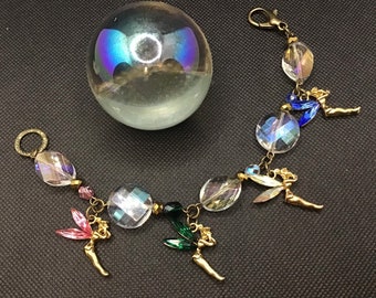 Tinkerbell 9ct Gold Plated Colourful Crystal Charms Bracelet, Aurora Borealis Glass Beads, Vintage Brass Metal Clasp