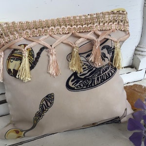 Purse - African Theme Tea Set Silk Fabric, Light Gold Fringe, Cream Leatherette
