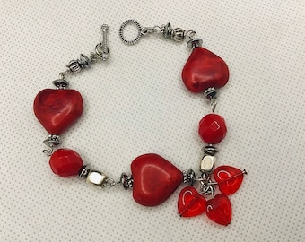 Red Love Heart Bracelet, Ceramic-style, Red Glass, Silver tone Metal