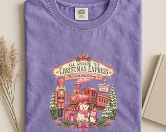 Women Retro Comfort Colors Shirt: Christmas Express, Cute Train Graphic
