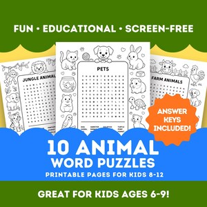 May include: An image of printable animal word puzzles for children. The image shows three pages with different animal themes, including jungle animals, pets, and farm animals. The text reads "10 Animal Word Puzzles" and "Printable Pages for Kids 8-12".