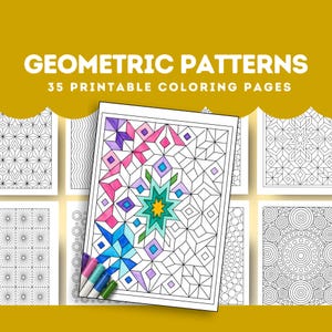 May include: A collection of geometric pattern coloring pages. One page is partially colored with pink, blue, purple, and yellow markers. The text "GEOMETRIC PATTERNS" and "35 PRINTABLE COLORING PAGES" are displayed in white.