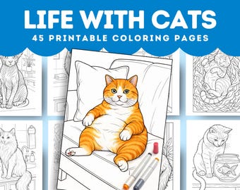 45 Cat Coloring Pages | Unique Feline Designs (Digital Download)