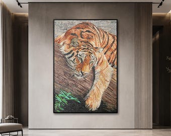 Luxury Handmade Stone Tiger Mosaic Wall Art, Hotel Cafe Home Wall Decor