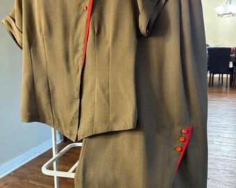 Korean Suil  Vintage Brown Two-Piece Skirt and Top Set with Orange Button Detail