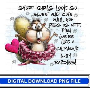 May include: A cartoon chipmunk with wide eyes and large front teeth wears a pink ruffled tutu and matching shoes. A pink heart is on the left. The text reads: SHORT GIRLS LOOK SO SWEET AND CUTE UNTIL YOU PISS US OFF. THEN, WE'RE LIKE A CHIPMUNK WITH RABIES!