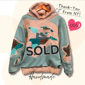 VENDIDO - Sudadera con capucha acolchada reciclada, tallas para mujer S, M, L, XL, XXL y tallas grandes, sudadera de patchwork sostenible, pedidos personalizados - Ver descripción