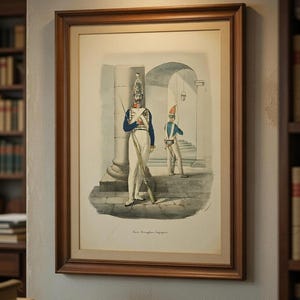 Litografía de oficial de la guardia prusiana de 1830, de L. Sachse Berlín, coloreada a mano, firmada por J.K. Schultz