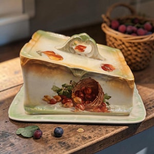 Antique Gouda Holland Ceramic Cheese Keeper Fruit Basket Design Matching Plate