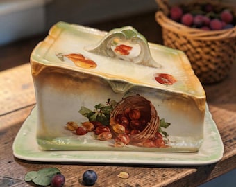 Quesera antigua de cerámica Gouda de Holanda con diseño de cesta de frutas y plato a juego