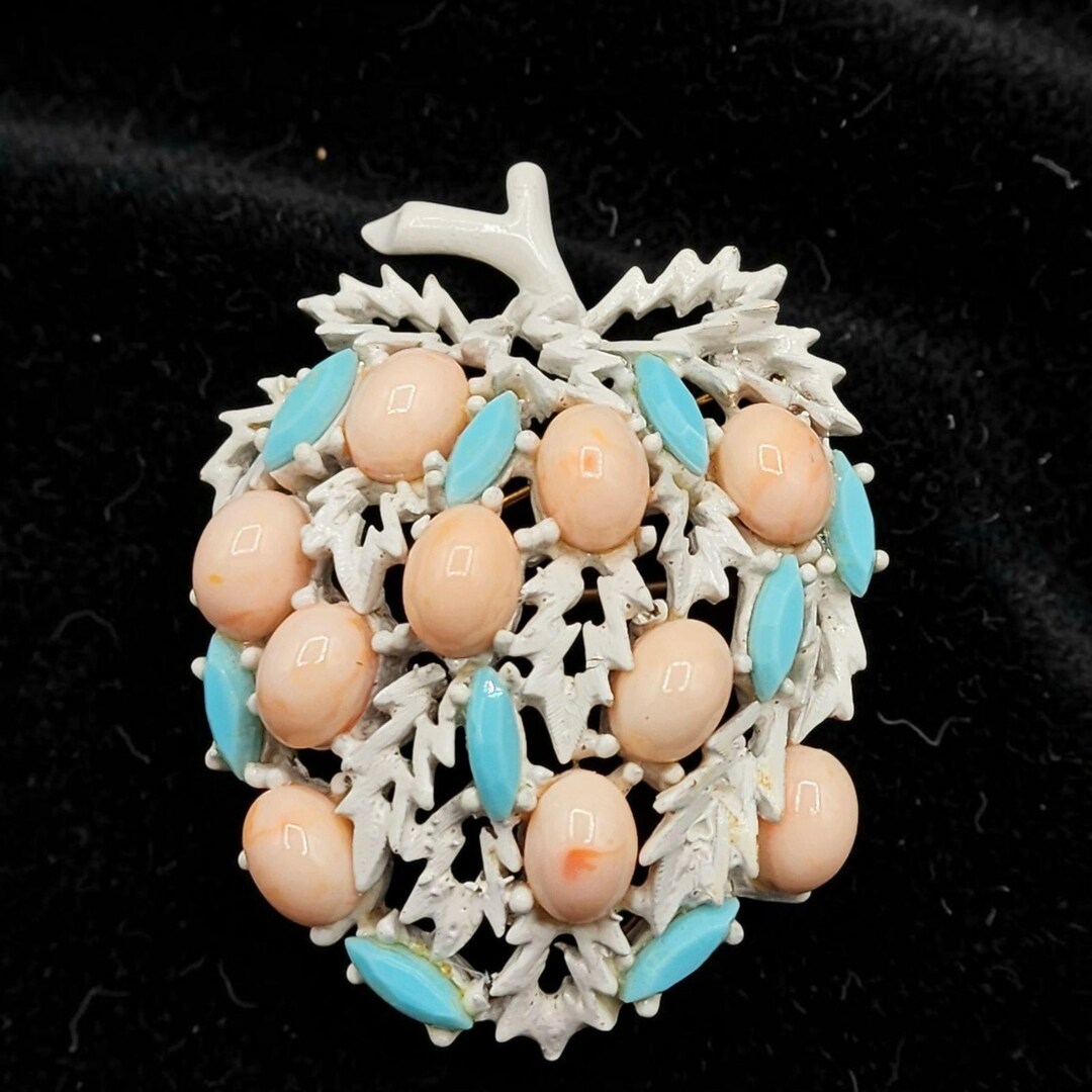Vintage Trifari Tree Brooch: White Enamel, Peach Cabochons, Blue ...