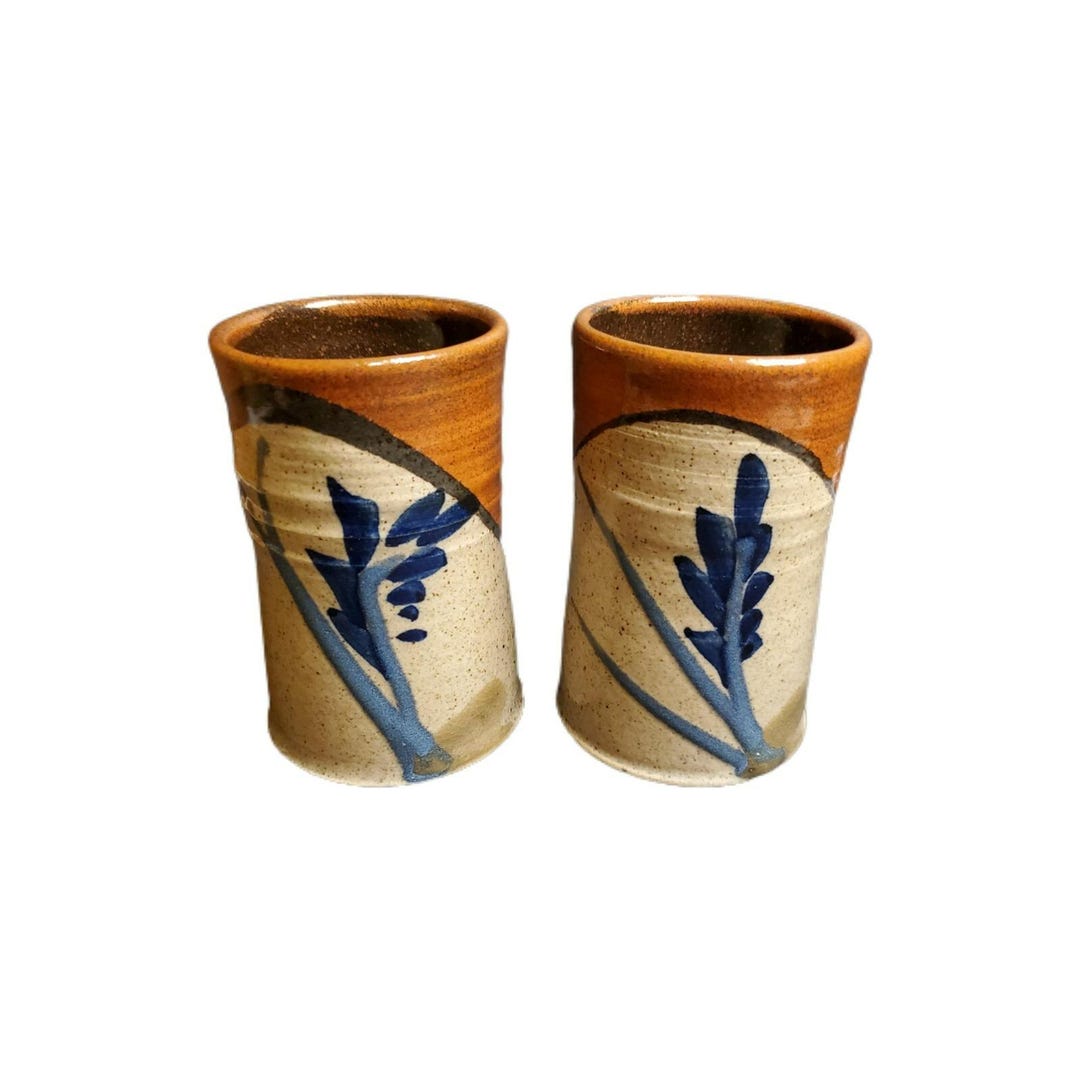 Pair of Speckled Hand Thrown Art Pottery Tumbler Mugs Blue Flower ...