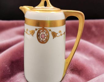 W.A. Pickard Handpainted Art Nouveau Milk Pitcher Gold Trim Floral Motif 6" Tall