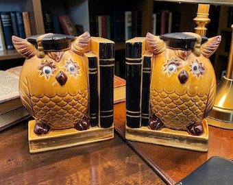 Vintage Norcrest Japan Ceramic Owl Graduates Bookends With Googly Eyes 6.25" Tall