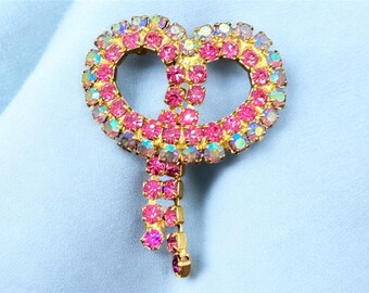 Vintage Aurora Borealis Rhinestone Brooch: 1960s Pink Blue Dangle Pin
