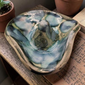 Vintage Dryden Art Pottery Trinket Dish Green Blue Glaze Signed