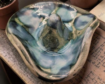 Vintage Dryden Art Pottery Trinket Dish Green Blue Glaze Signed