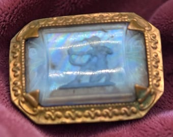 Antique Bohemia Intaglio Iridescent Blue Glass Cameo Buckle Greek Hunter