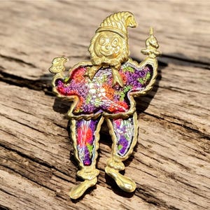 Vintage Articulated Clown Brooch Colorful Enamel Circus Pin Gold Tone Jester Jewelry