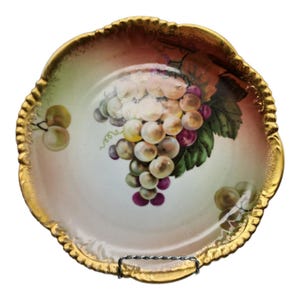 Plato decorativo antiguo de Wurttemberg Bauer & Pfeiffer de 24,7 cm (9 3/4") con diseño de uvas y detalles dorados.