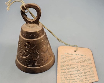 Vintage Dangotra Etched Brass Bell With Tag 3" Tall India Heritage Collectible