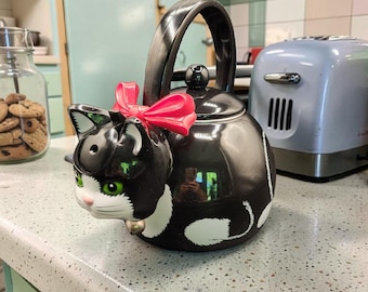 Cat-Themed Whistling Tea Kettle Black Red Bow Green Eyes 9.5" tall