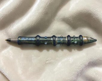Vintage Art Glass Ballpoint Pen Unique Bamboo Design 5" Long Iridescent Blue & Green Finish