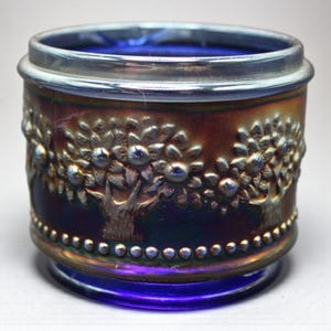 Vintage Fenton Carnival Glass Orange Tree Powder Jar Cobalt Blue No Lid