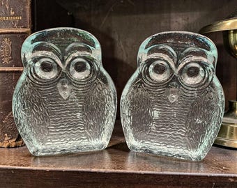 Blenko Joel Myers Vintage Eulen Glas Buchstützen Paar 17,8 x 14,5 x 4,8 cm Klares strukturiertes Design