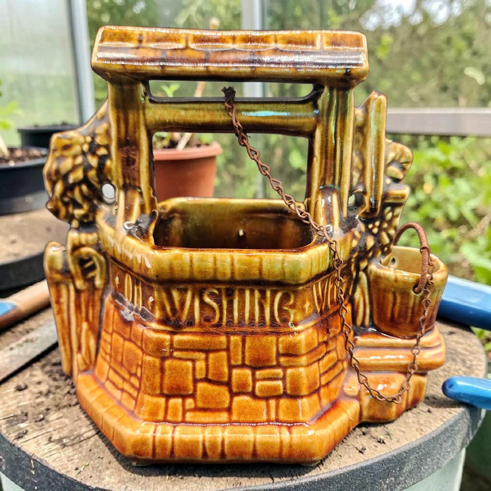 Vintage Mccoy USA Brown Wishing Well Planter Chain Bucket 6.5