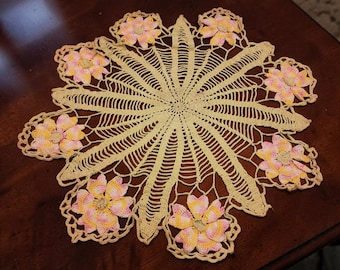 Vintage Hand-Crocheted Doily Floral Design Green Pink Yellow 21" Diameter Table Decor