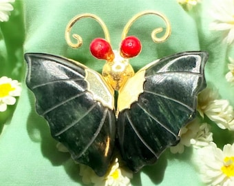 Vintage Malachite Butterfly Brooch 1970s Gold Tone Stone Inlay Pin Natural Gemstone Insect Jewelry