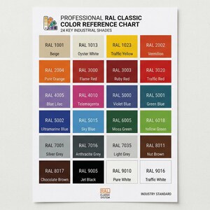 May include: A color reference chart titled "PROFESSIONAL RAL CLASSIC COLOR REFERENCE CHART" with 24 key industrial shades. The chart displays a grid of color swatches, each labeled with a RAL code and color name, including Beige, Vermillion, and Jet Black.