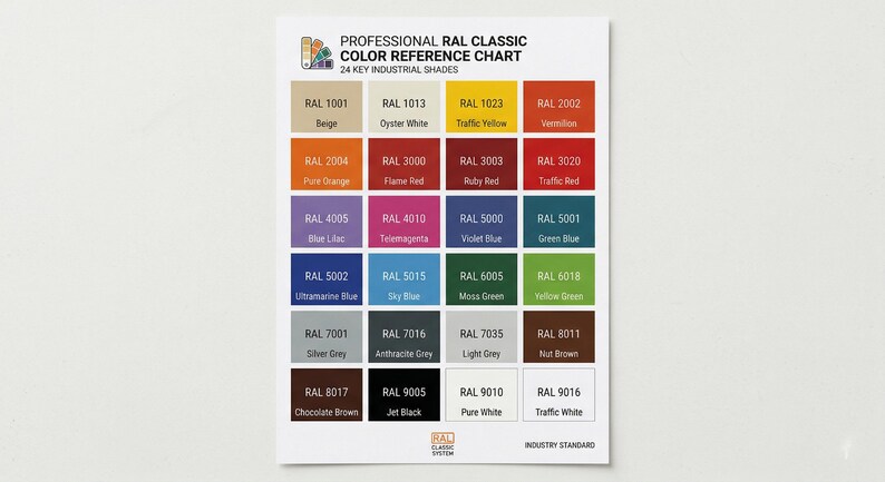 May include: A color reference chart titled "PROFESSIONAL RAL CLASSIC COLOR REFERENCE CHART" with 24 key industrial shades. The chart displays a grid of color swatches, each labeled with a RAL code and color name, including Beige, Vermillion, and Jet Black.
