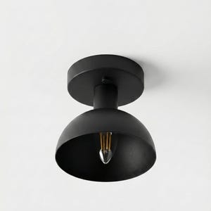 Peut inclure: Un plafonnier noir à montage semi-encastré. Le luminaire est composé d'une base circulaire, d'une courte tige et d'un abat-jour en forme de dôme. Une ampoule transparente avec des filaments visibles est installée. Conçu pour l'intérieur.
