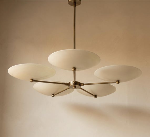 Modern 5-Arm Brass Chandelier | Mid-Century Style Pendant Light | Elegant Living Room or Dining Room Ceiling Fixture