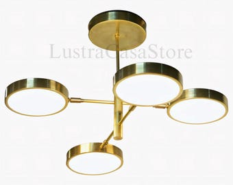 Elegant mässingskrona från mitten av århundradet | Modern Sputnik-taklampa | Justerbar skivlampa för vardagsrum, matsal, kök, kontor