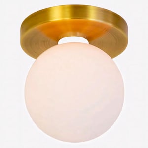 Modern Brass Flush Mount Ceiling Light: Opal Glass Globe, Minimalist Design