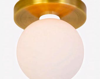 Modern Brass Flush Mount Ceiling Light | Opal Glass Globe, Minimalist Design, Contemporary Hallway, Bathroom, Bedroom Lighting
