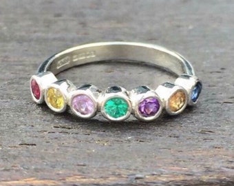 Handmade Rainbow Ring with Ruby, Sapphires, Emerald and Amethyst colourful birthday gift, alternative wedding ring eternity ring