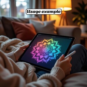 May include: A digital tablet displaying a colorful mandala design in shades of pink, purple, yellow, and green. The tablet is held by a person, with a stylus in hand, suggesting digital art or design work. The text "Usage example" is in a white box.