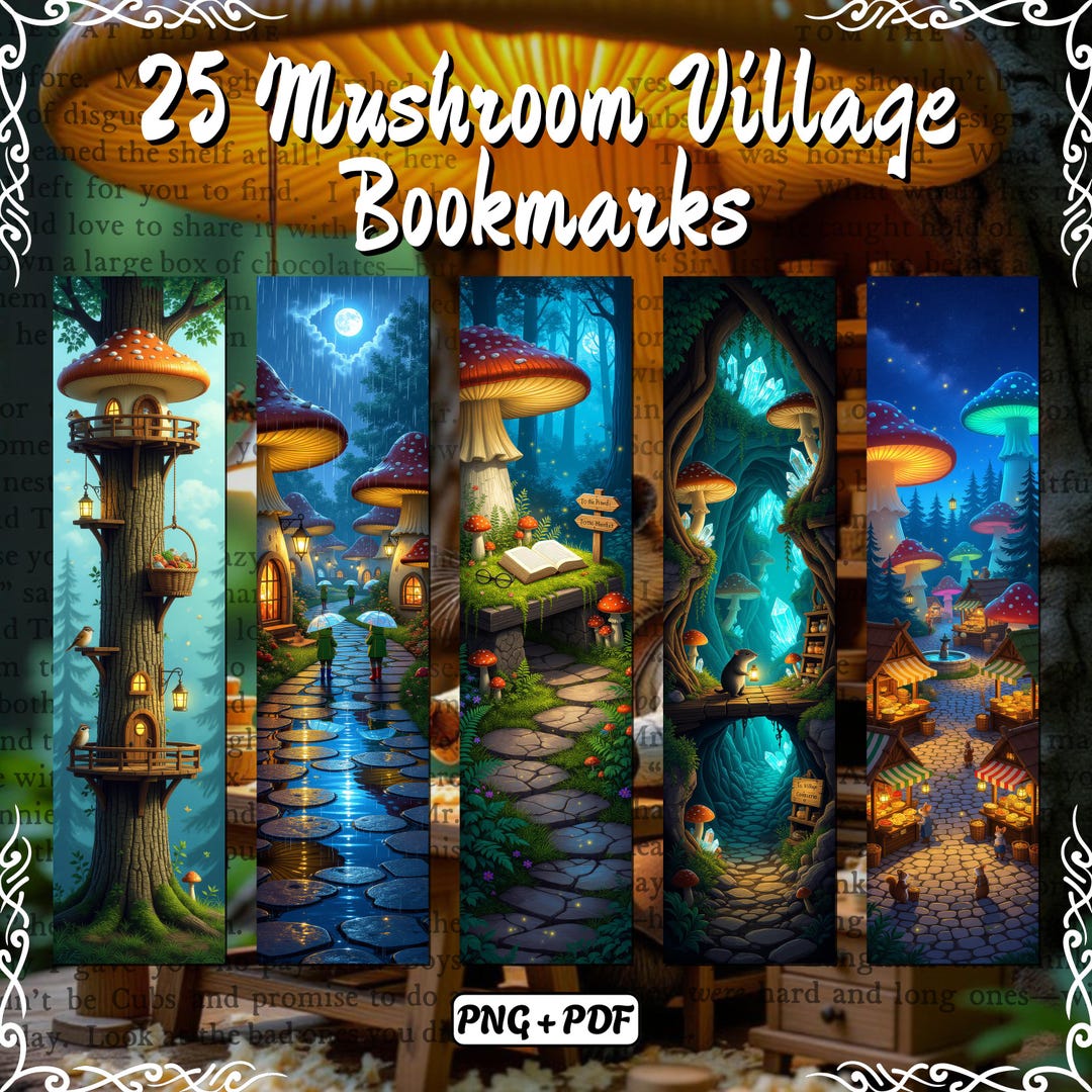 25 Printable Fantasy Bookmarks Bundle | Mushroom Village Collection ...