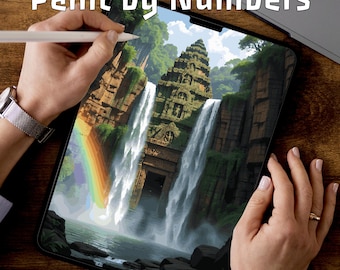 Temple Waterfall Coloring Pages for Krita | Digital Paint by Numbers PDF | Serene Landscape Art