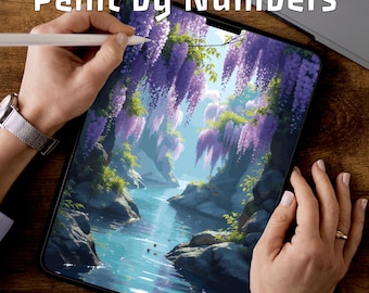 Wisteria River Gorge | Paint by Numbers Pages | Printable Landscape PDF | Tablet Art | 3 Levels