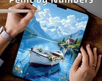 Mountain Wedding Boat | Paint by Numbers Pages | Romantic Lake PDF | Printable Pages | 3 Levels