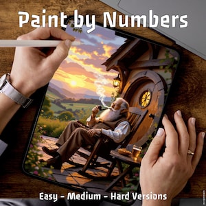 May include: A digital paint-by-numbers scene on a tablet, featuring a man smoking a pipe in a rocking chair. The image shows a sunset over rolling hills and a small cottage. Text reads "Paint by Numbers" and "Easy - Medium - Hard Versions."