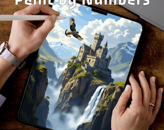 Waterfall Castle | Paint by Numbers Pages | Scenic Castle PDF | Printable Pages | 3 Levels
