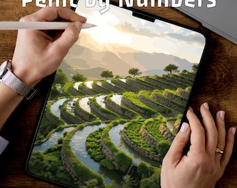 Terraced Rice Fields | Digital Paint by Numbers PDF | Coloring Pages for Krita | Landscape Art