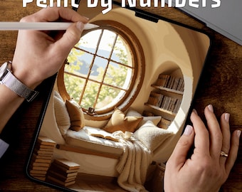 Hobbit Reading Nook | Paint by Numbers for Procreate | Cozy Digital Coloring Pages PDF | Round Window Art